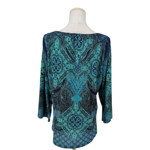 Y2K VTG oneworld Babydoll Rhinestone Boho Blouse Turquoise Print L - Picture 3 of 7